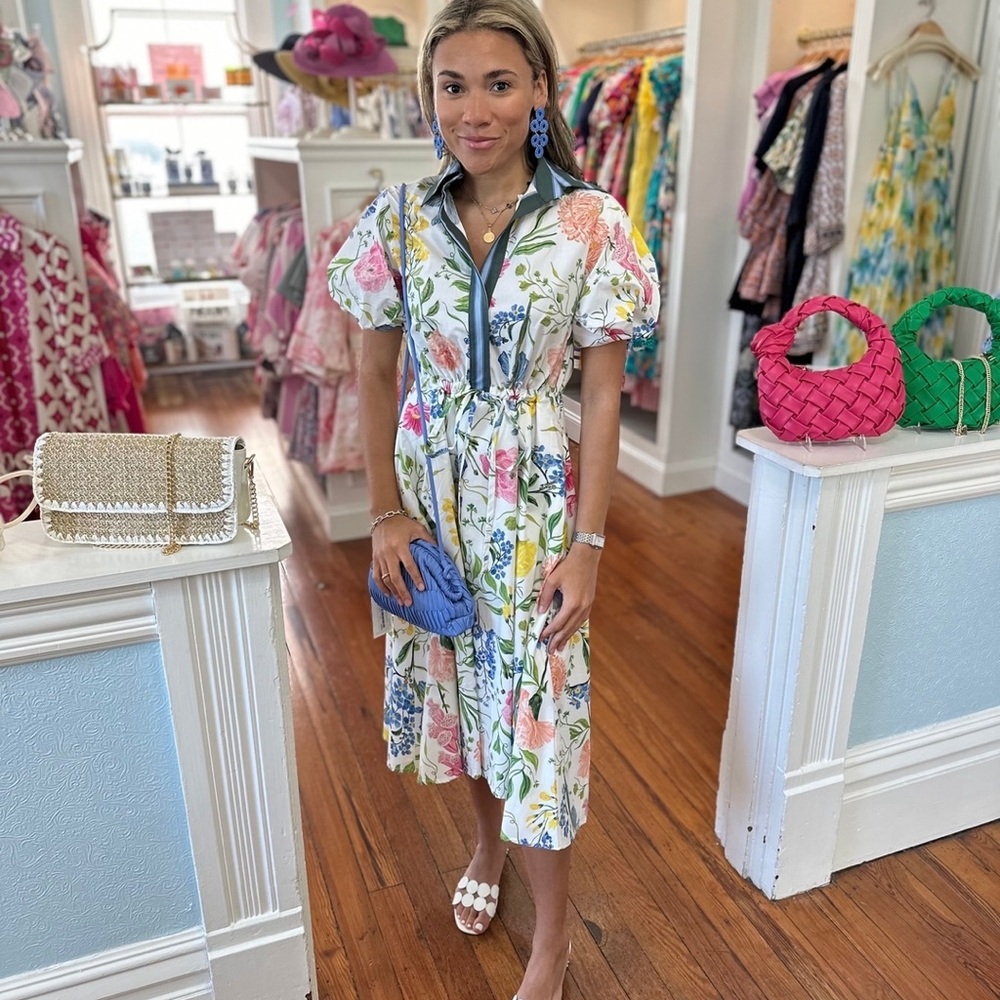 KLEID danielle blue and Pink Puff Sleeve Tie Front Midi Dress